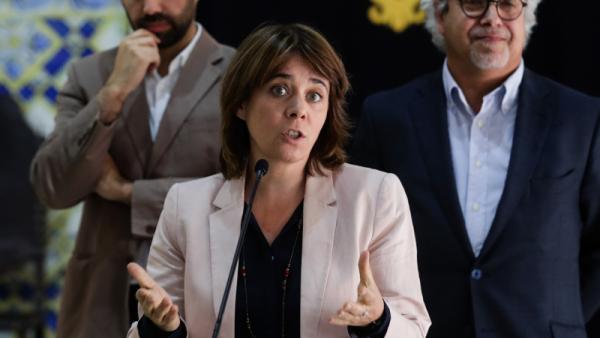 Pedro Filipe Soares, Catarina Martins e José Manuel Pureza à saída da audiência com o Presidente da República - Foto de Tiago Petinga/Lusa