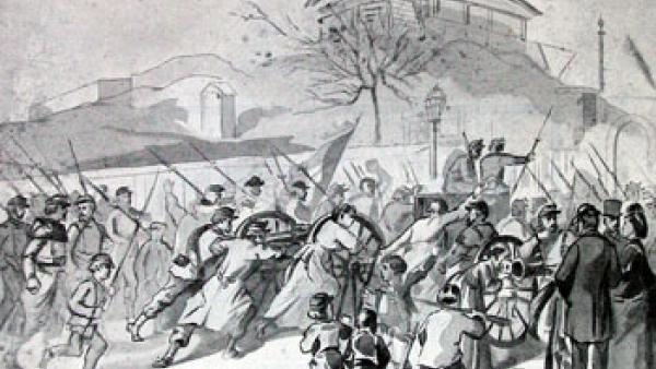 Ilustração sobre a resistência à apropriação dos canhões de Montmartre por Thiers, o momento que despoletou a revolta que originou a Comuna. Foto de Wikimedia Commons.