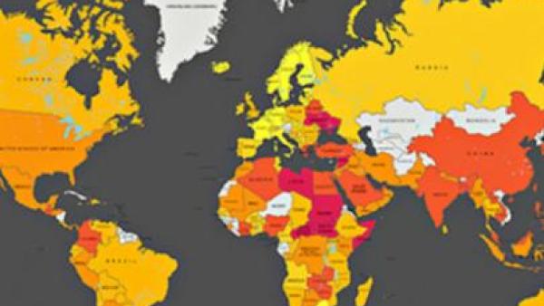 Mapa do Índice de Direitos Global da Confederação Sindical Internacional [The International Trade Union Confederation's (ITUC) Global Rights Index]. A intensidade da cor assinala a falta de respeito pelos direitos laborais.