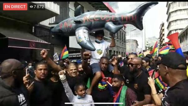 Uma criança carrega o boneco de um golfinho enquanto está às cavalitas do organizador do protesto. Foto do Twitter de @supermootoo.