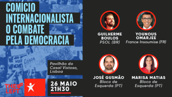 Cartaz do comício internacionalista "O combate pela democracia