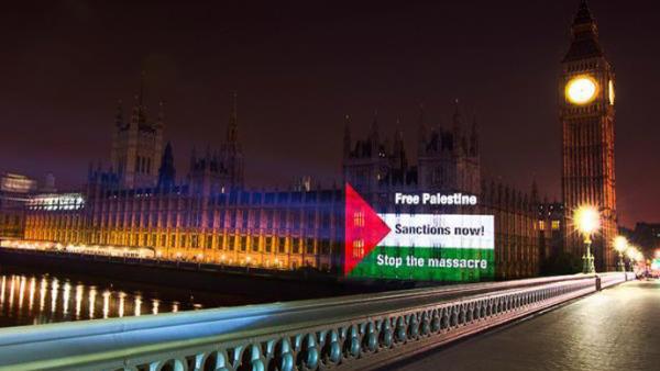 Bandeira da Palestina projetada no Parlamento britânico