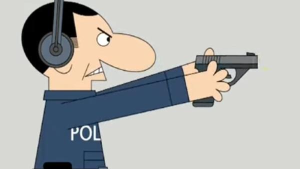 Imagem do cartoon animado publicado na RTP com agente da polícia a empunhar a pistola na carreira de tiro..