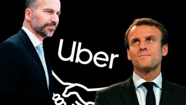 O atual CEO da Uber, Dara Khosrowshahi, e o presidente francês Emmanuel Macron.