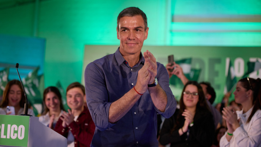 Pedro Sánchez num comício este domingo em Huelva