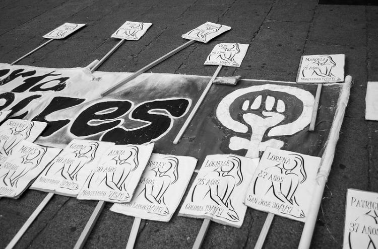 Pancartas feministas com o nome de mulheres assassinadas. Foto de Encuentro de Feministas Diversas/Flickr.