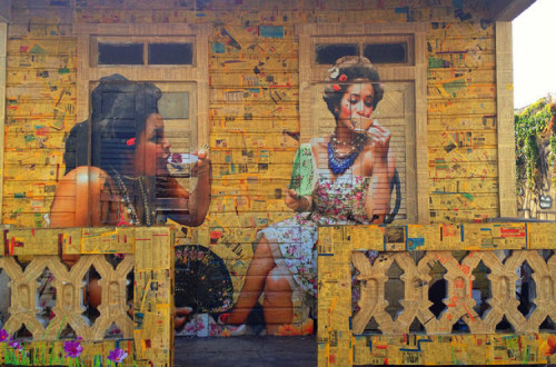 Grafitti em Porto Rico de duas mulheres a beber café.