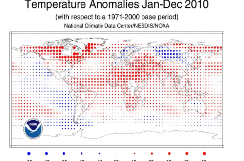 Mapa das anomalias da temperatura da superfície em graus Celsius – Fonte: www.ncdc.noaa.gov
