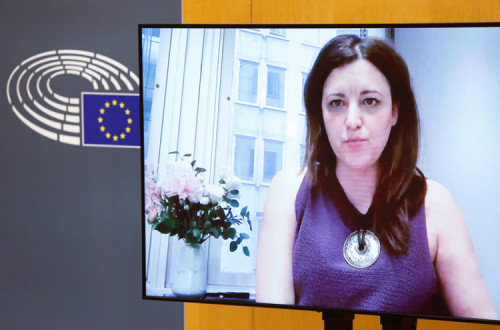 Marisa Matias na audição aos CEO das farmacêuticas no Parlamento Europeu.