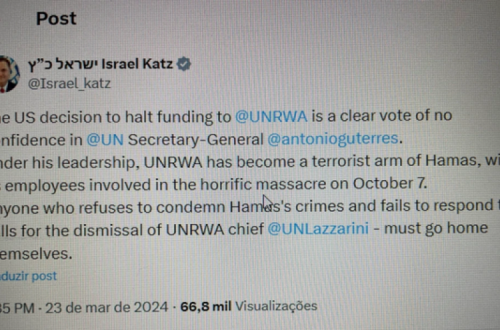 Publicação de Israel Katz, MNE de Israel, na rede social X