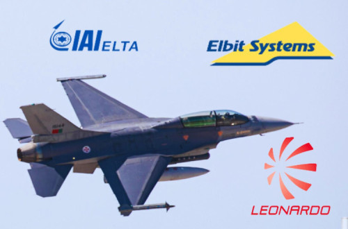 F-16 da Força Aérea e logos de empresas de armas presentes no genocídio