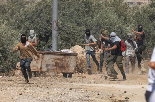 Colonos israelitas atacam a aldeia de Turmus Ayya, na Cisjordânia, a 26 de junho de 2025. (Oren Ziv)