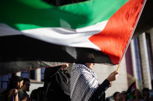 manifestante com bandeira da Palestina
