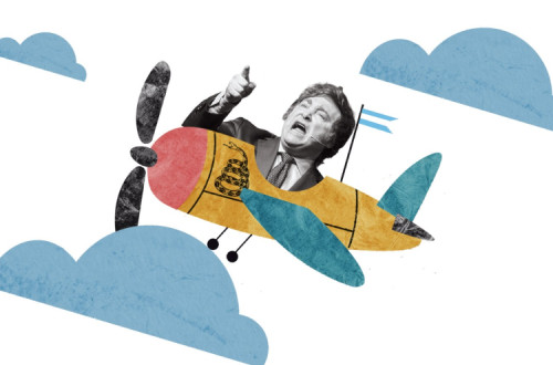 Desenho de Milei numa avioneta