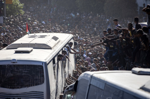 Palestinianos libertados em Khan Yunis.