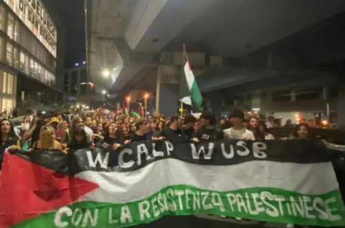 Trabalhadores do Porto de Génova manifestam-se pela Palestina.