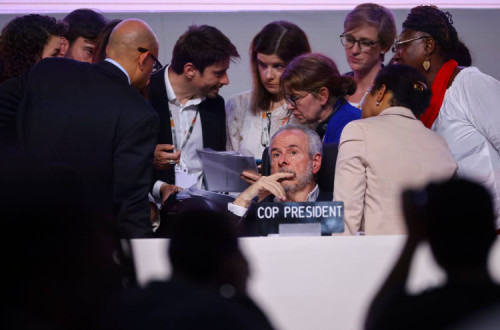 Presidente da COP, André Correa do Lago, rodeado de delegados