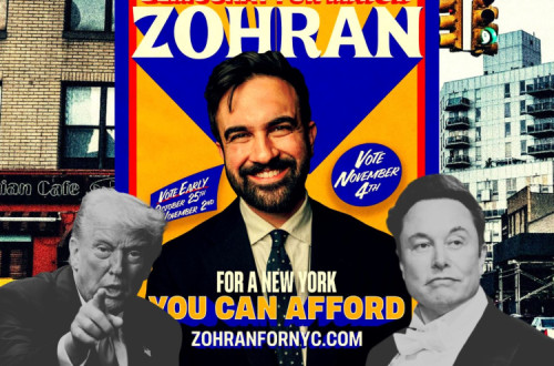 Trump e Musk junto a cartaz de Zohran Mamdani