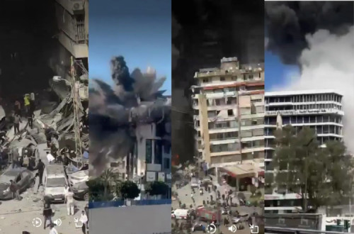Várias capturas de ecrã de vídeos com imagens dos ataques israelitas a Beirute.