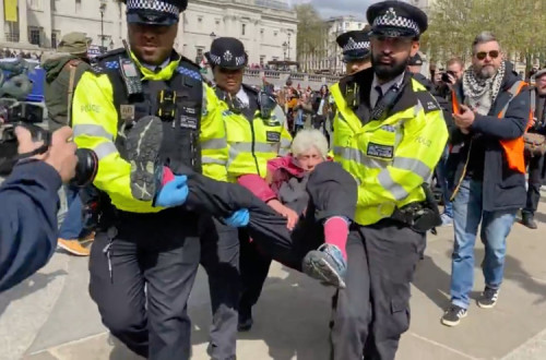 Manifestante detida pela polícia este sábado em Londres
