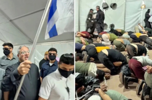 Capturas de ecrã do vídeo puplicado pelo próprio Itamar Ben-Gvir, ministro da segurança interna de Israel, no momento em que os activistas da flotilha estavam a ser humilhados e maltratados.
