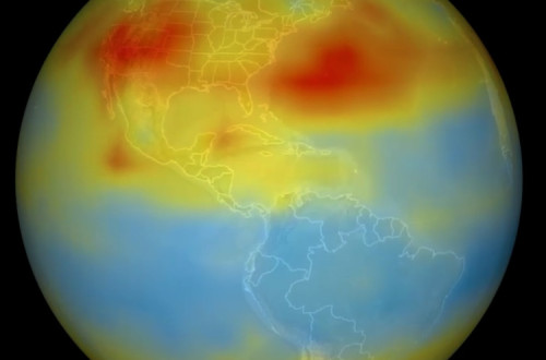 Mapa de concentração de CO2 na troposfera, captado pelo detetor AIRS da sonda Aqua da NASA, julho de 2003. Imagem: AIRS/Flickr.