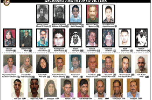 Fotos das pessoas assassinadas e feridas pelos mercenários da Blackwater na praça Nisour em 2007.