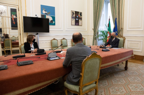 Catarina Martins e Pedro Filipe Soares na audiência com o Presidente da República, Marcelo Rebelo de Sousa – foto de Miguel Figueiredo Lopes/Lusa
