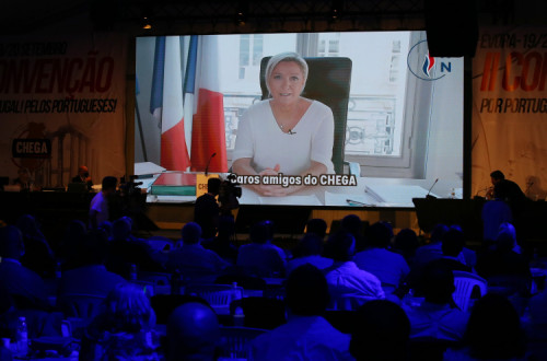 Marine Le Pen intervém por videoconferência na Convenção do Chega. Setembro de 2020. Foto de NUNO VEIGA/LUSA.