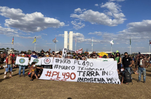 Indígenas brasileiros em protesto em Brasília. Foto de APIB/Twitter.