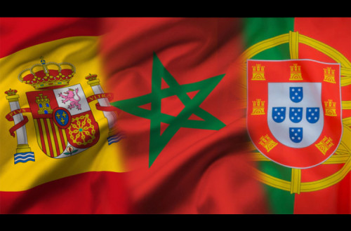 Bandeiras espanhola, marroquina e portuguesa