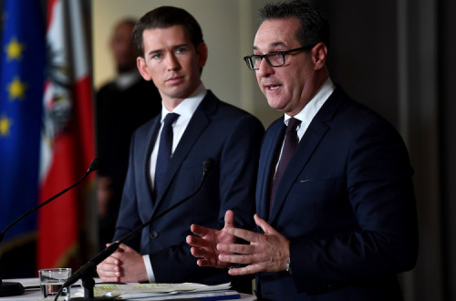 Sebastian Kurz (direita) e Heinz-Christian Strache (esquerda). Foto de Christian Bruna/ EPA/ LUSA.