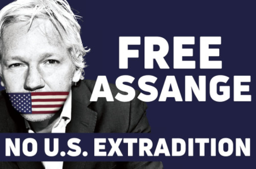 Cartaz “Liberdade para Assange Não à extradição para os EUA” - imagem WikiLeaks