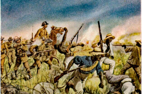Tropas alemãs atacam os Herero. Pintura de Richard Knötel. Fonte: Wikimedia Commons.