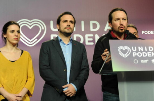 Iglesias afirmou na noite das eleições, que, face à subida da extrema-direita, o entendimento à esquerda era uma necessidade – Pablo Iglesias na foto, juntamente com Irene Montero e Alberto Garzón