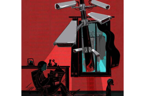 Ilustração com pessoa alvo de vigilância dentro de casa