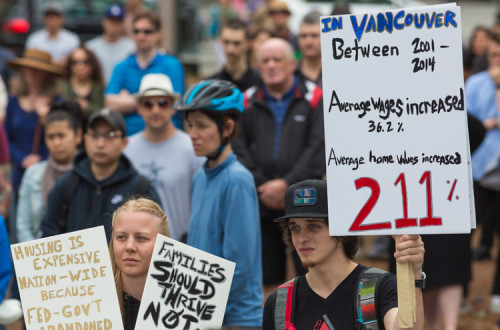 Protesto em Vancouver, em 2015, pelo direito à habitação a preços sustentáveis. Foto de Mark Klotz/Flickr.