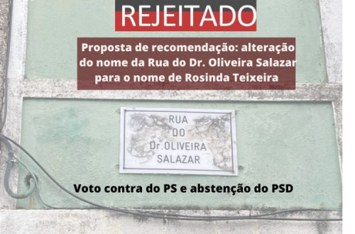 Bloco de Santo Tirso propôs a alteração do nome da rua do Dr. Oliveira Salazar para o de Rosinda Teixeira. O PS votou contra a recomendação do Bloco, rejeitando-a, e o PSD absteve-se