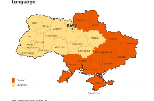 Mapa de 2014 que ilustrava a maioria de falantes por região da Ucrânia.