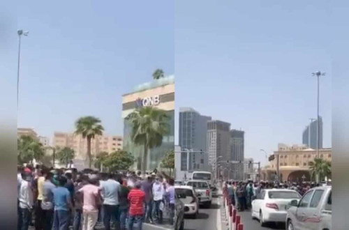 Migrantes em manifestação no Qatar. Imagem do Twitter.