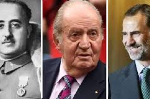 Franco, Juan Carlos de Borbón e Filipe Borbón. Montagem do Viento Sur.