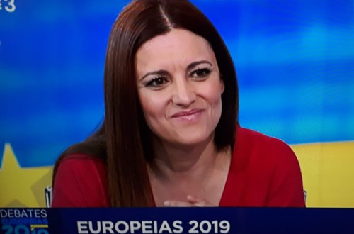 Marisa Matias durante o debate na RTP3 com Pedro Marques, candidato do Partido Socialista (PS) às eleições europeias.