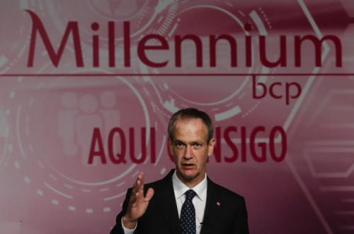 Miguel Maya, CEO do Millennium BCP, na divulgação dos resultados do primeiro trimestre de 2021, 17 de maio de 2021 – Foto de Tiago Petinga/Lusa