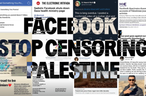 Imagem contra a censura do Facebook à luta palestiniana. Foto de Jewish Voice for Peace.