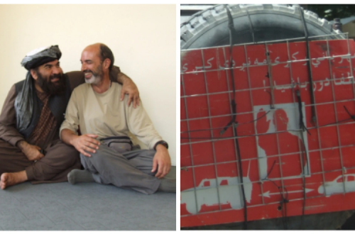 Montagem de duas fotos. Uma de José Manuel Rosendo com um candidato presidencial afegão, outra de um aviso colocado nos carros militares dos EUA a proibir aproximação de carros afegãos.