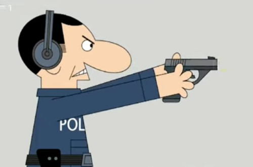 Imagem do cartoon animado publicado na RTP com agente da polícia a empunhar a pistola na carreira de tiro..