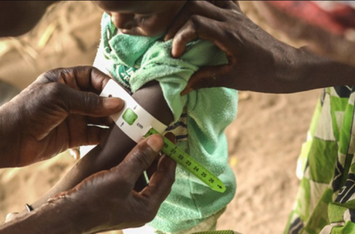 Um membro dos Médicos sem Fronteiras mede o perímetro braquial de uma criança. Foto de Elise Mertens, via msf.org.