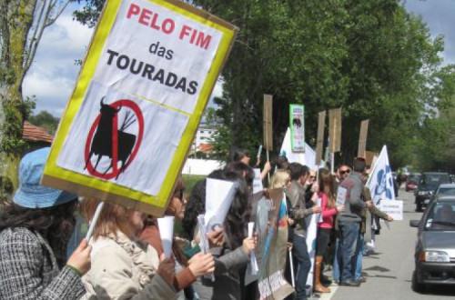 Ação promovida pelo Bloco de Esquerda em Lourosa, há cinco anos - em maio de 2012, de protesto contra a realização de uma tourada, então com o apoio da Câmara Municipal de Santa Maria da Feira