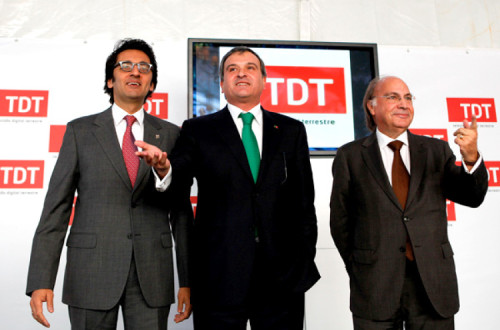 Zeinal Bava, Miguel Relvas e Amado da Silva, então presidente da ANACOM, durante a cerimónia do apagão analógico em Palmela em janeiro.