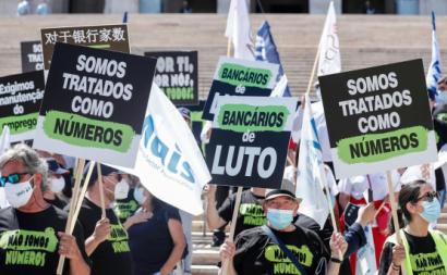 Manifestação nacional de bancários. Julho de 2021. Foto de ANTÓNIO COTRIM/LUSA.